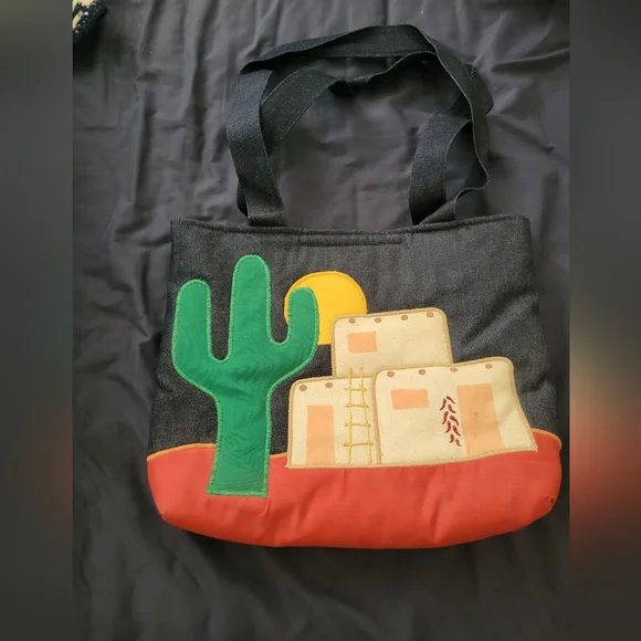 Southwestern Padded Cactus & House  Denim Tote Bag