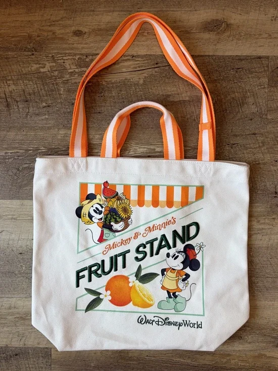 Disney Mickey & Minnie’s Fruit Stand Orange Vibrant Canvas Tote Bag Travel