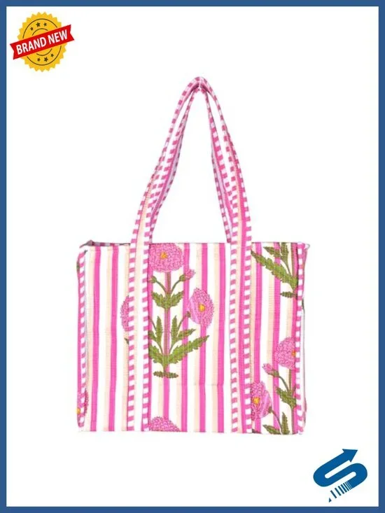 Large Quilted Cotton Tote Bag for Women Shoulder Block Print Handmade