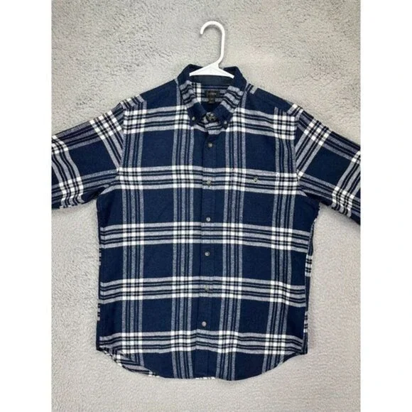 J Crew Flannel Shirt Mens Medium Blue Plaid Wool Blend Button Down Long Sleeve