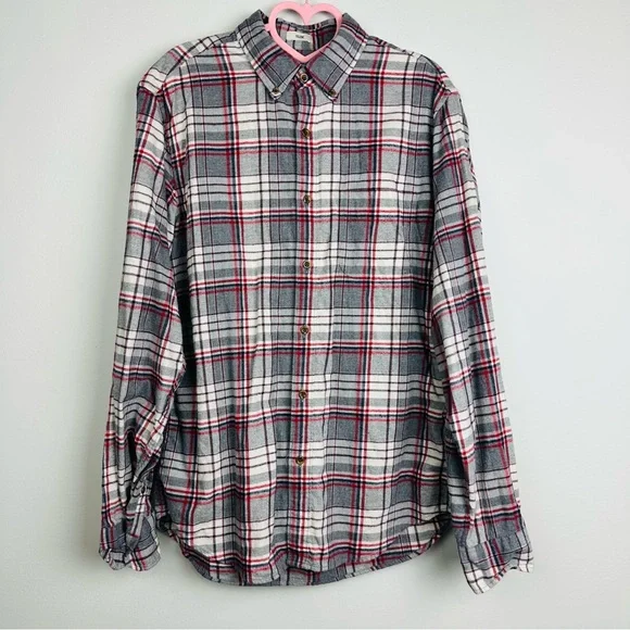 J.Crew Button Down Shirt Slim Fit Gray Red Plaid Pocket 100% Cotton Size Medium