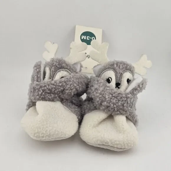 Adorable Gray Reindeer Baby Booties With Non-Slip Soles & Fleece Lining 0-3 mos