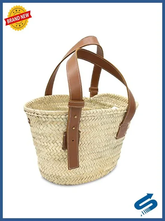 Handmade Woven Straw Beach Bag with Vegan Leather Handles, Market Basket