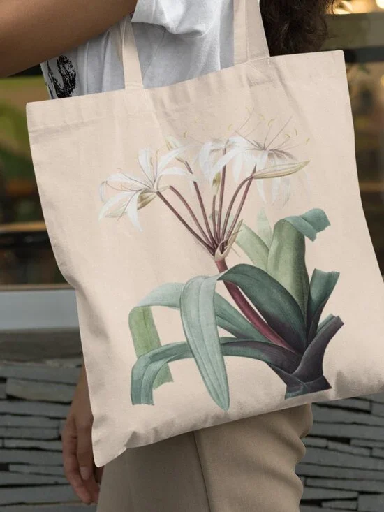 Red Crinum Lily Vintage Floral Print Graphic Canvas Tote Bag