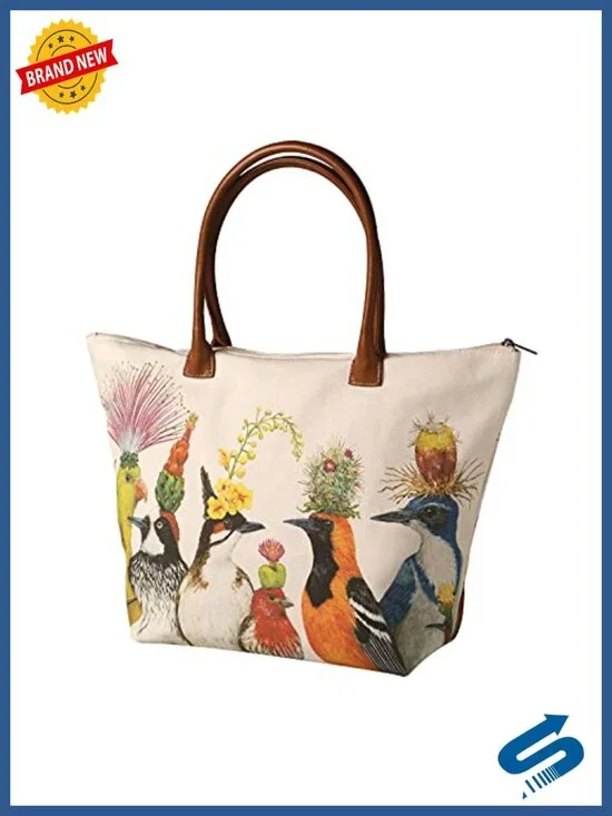 Canvas Tote Bag with Bird Art, Faux Leather Handles