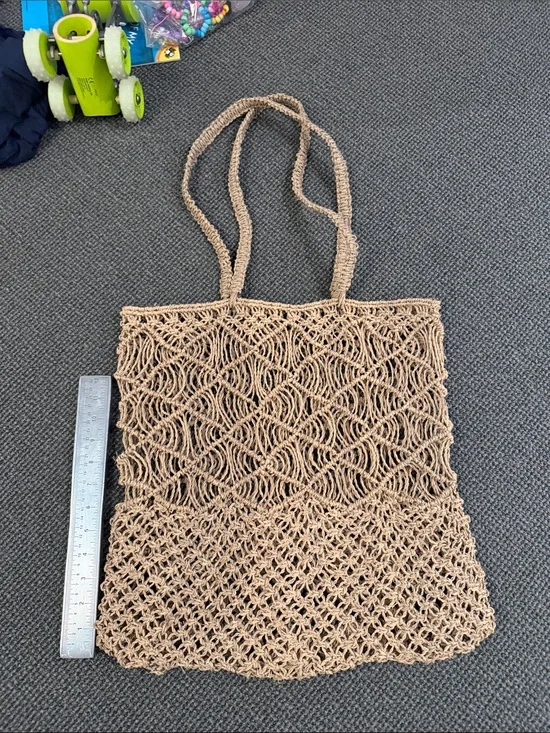 vintage 90's Woven Macramé Tote Bag in Natural Beige 15 x 15.5 inches
