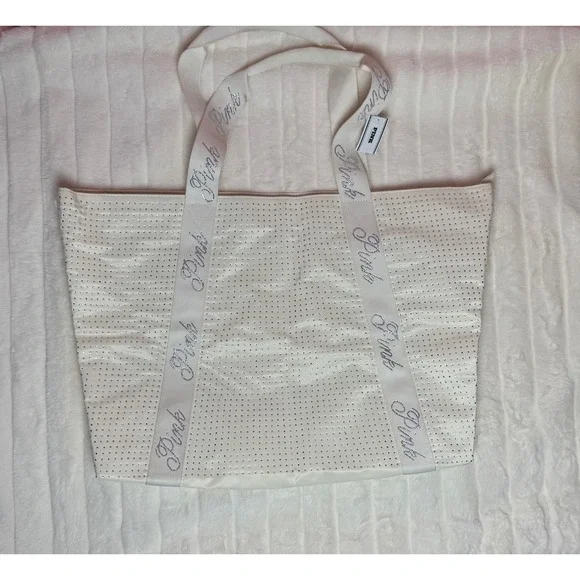 Victoria's Secret PINK Tote Bag Women Large White New Rhinestone Bling Zip Top‎