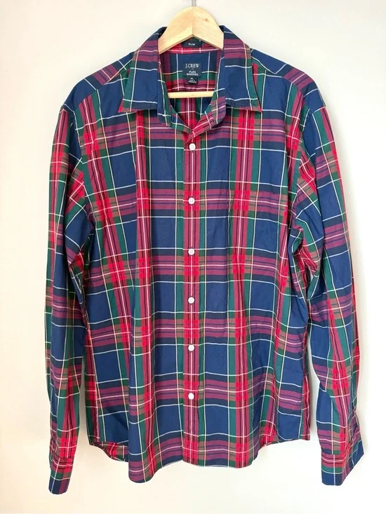 J. Crew Men’s Slim Fit Flex Washed Navy & Red Plaid Button-Down Shirt