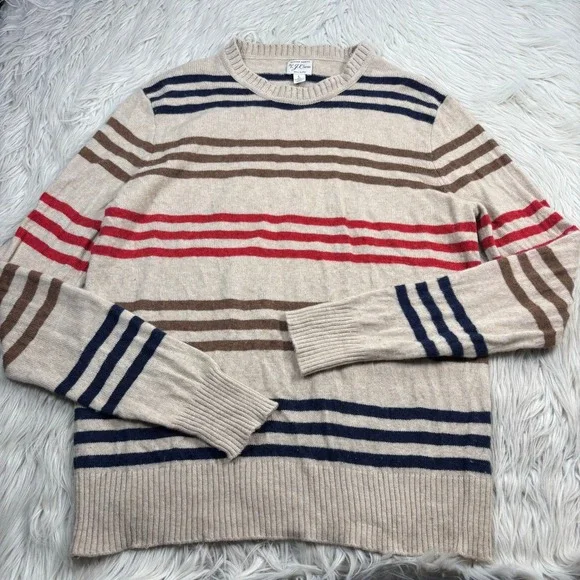 J.Crew Men's L Beige Red Navy Brown Striped Crew Sweater Wool Blend Preppy Retro