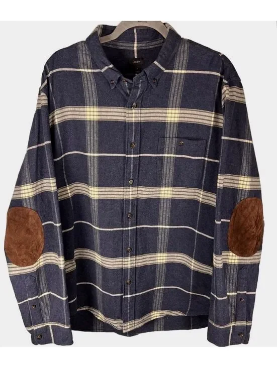 J Crew Flannel Shirt Mens Plaid Leather Elbow Patch Preppy Cabincore Vintage XL
