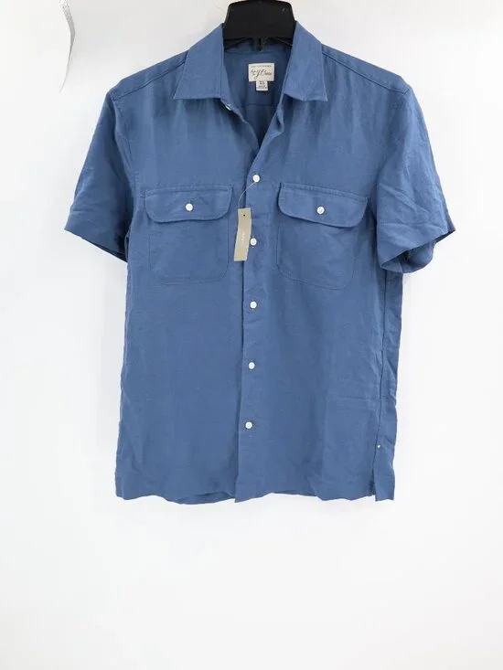 NWT J Crew camp Shirt Men's XS Viscose Linen Blend Short Sleeve Button Up Blue