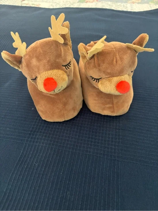 Plush Reindeer Slippers with Red Nose
