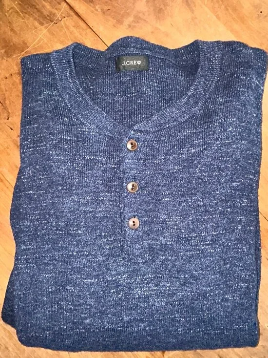 J. Crew Henley Sweater, Men's Large, Blue Heathered, Cotton, long sleeve