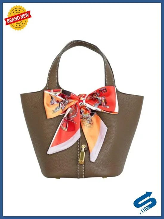 Genuine Leather Bucket Bag Handbag Detachable Scarf Tote Metal Clasp