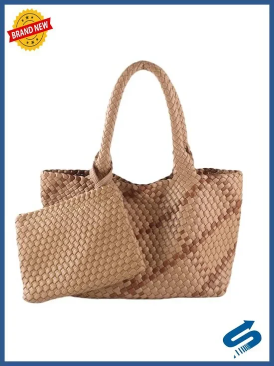 Vegan Leather Handwoven Tote Bag for Women, Large Travel Shoulder Bag with