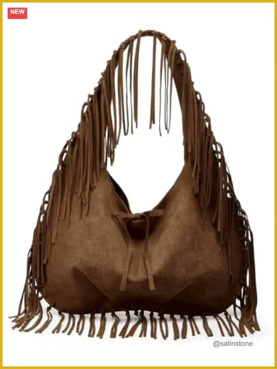 Faux Suede Tote Bag with Tassel Fringe Shoulder Purse Satchel Handbag Y2K