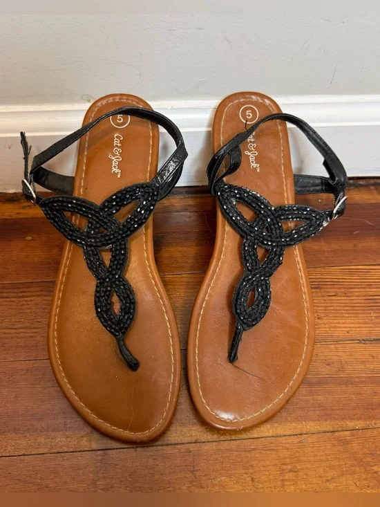 Cat & Jack Black Braided T-Strap Sandals with Tan Footbed