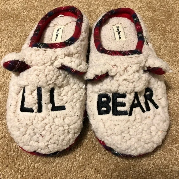 Dearfoams Lil Bear slip on fuzzy Christmas slippers kids size 2/3‎ Sherpa