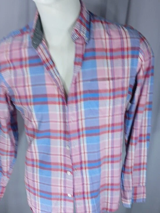 J. Crew Pink, Blue and Red Plaid Cotton Button-Up Shirt