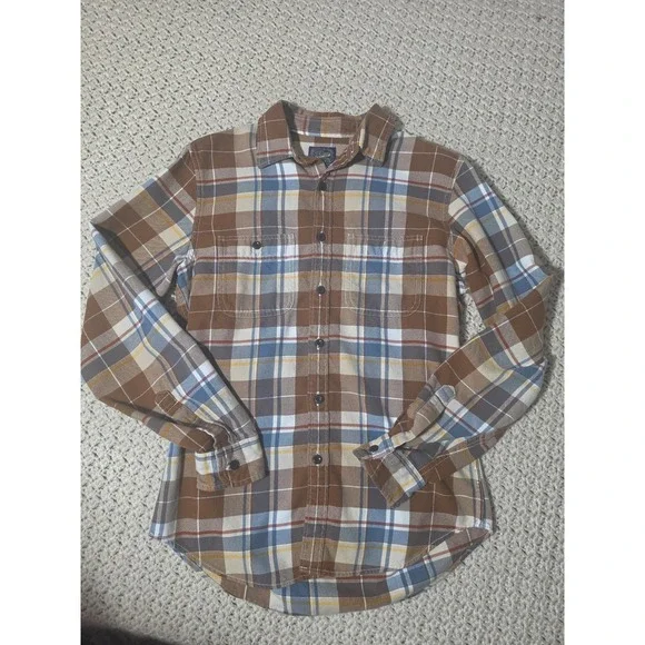J. Crew Plaid Button Down Mens Small Brown Blue Excellent Long Sleeve Twill