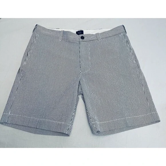 J.CREW Flex Striped Chino Shorts Blue/White Flat Front Stretch Seersucker EUC