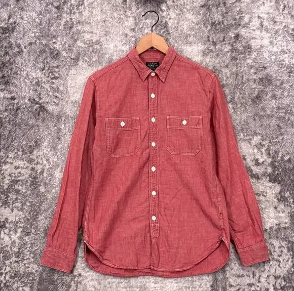 Vintage J Crew Selvedge Chambray Work Shirt Small Mens Red Cotton Linen