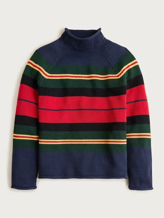 J.Crew Size L 1988 Rollneck™ Sweater in Cotton Rugby Stripe Navy Multi