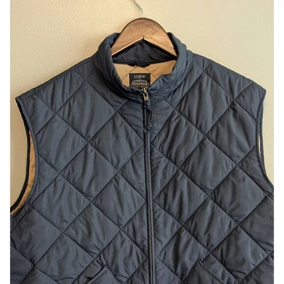 J. Crew Mens Size XXL 2XL Navy Blue Diamond Quilted Full Zip Vest Jacket Tan