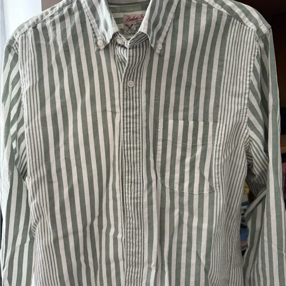 J. Crew Green and White Vertical Stripe Button-Down Shirt