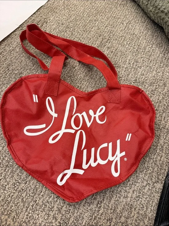 Red Heart-Shaped Tote Bag with White Script