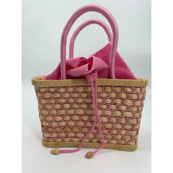The Sak Original Pink Woven Straw Mini Tote Bag Crochet Drawstring Handbag