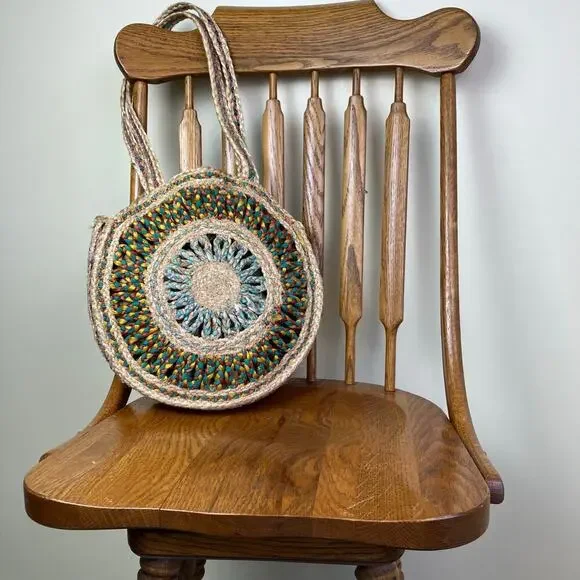 Boho Colorful Recycled Woven Jute Bag Circle Shaped Shoulder Tote Beach Bag