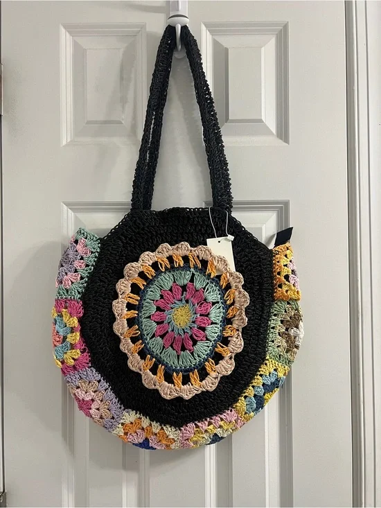 Bohemian NWT Mandolin Black Straw Round Tote with Multicolor Accents