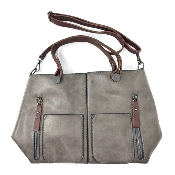 Gray Leather Tote Bag Brown Strap Large Zip‎ Pocket Shoulder Bag