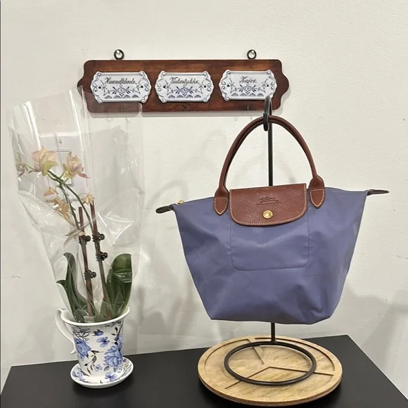 Longchamp Blue Brown Women's small tote nylon leather GUC