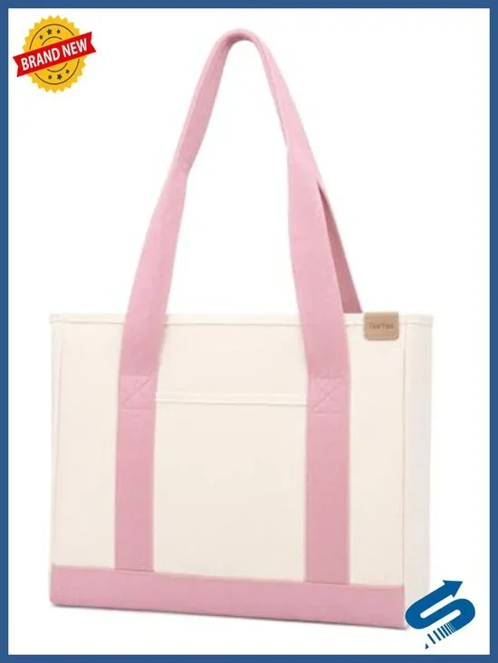 16oz Canvas Tote Bag Large Capacity Multi Pockets Laptop Compartment Shoulder