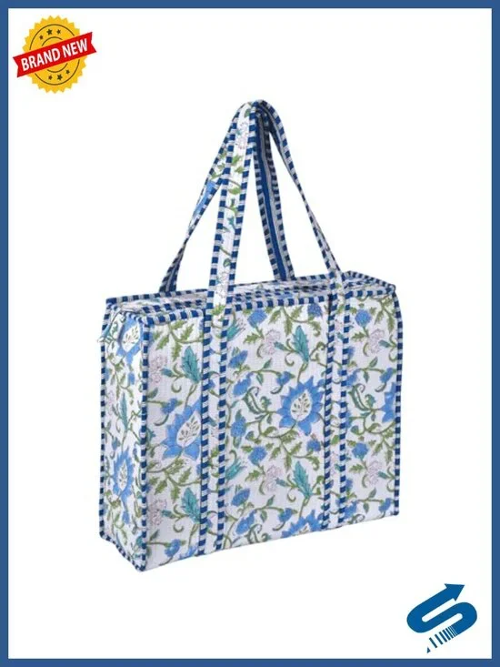 Quilted Cotton Tote Bag with Zipper - Large Block Print Shoulder Bag for Work