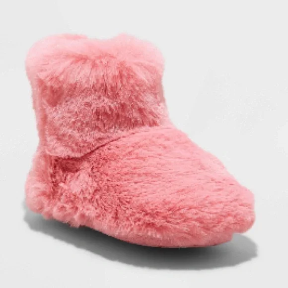 Cat & Jack Toddler Girls’ Dallas Fur Bootie Slippers, Vibrant Coral Pink
