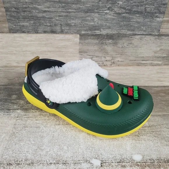 Crocs Elf Classic Kids Clog Sz 1 J1 Green Yellow Fleece Lined Shoes Slingback