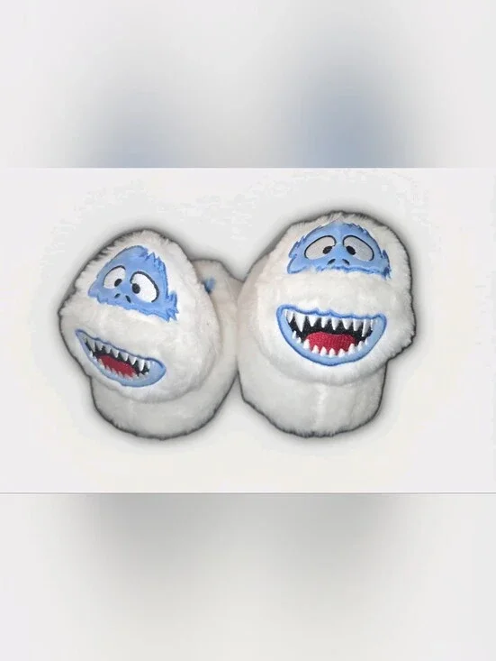 Kids Yeti Plush Slippers - White and Blue Cozy Indoor Shoes