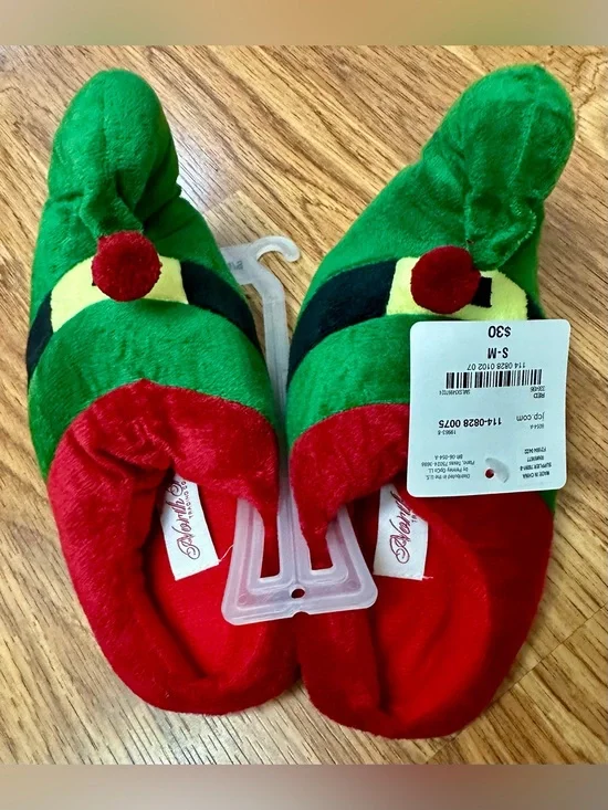 Kids Plush Elf Slippers - Green/Red