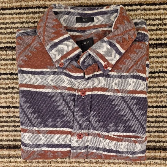 J CREW Grey‎ Brown Aztec Weave Cotton Flannel Small Slim Fit Long Sleeve Shirt
