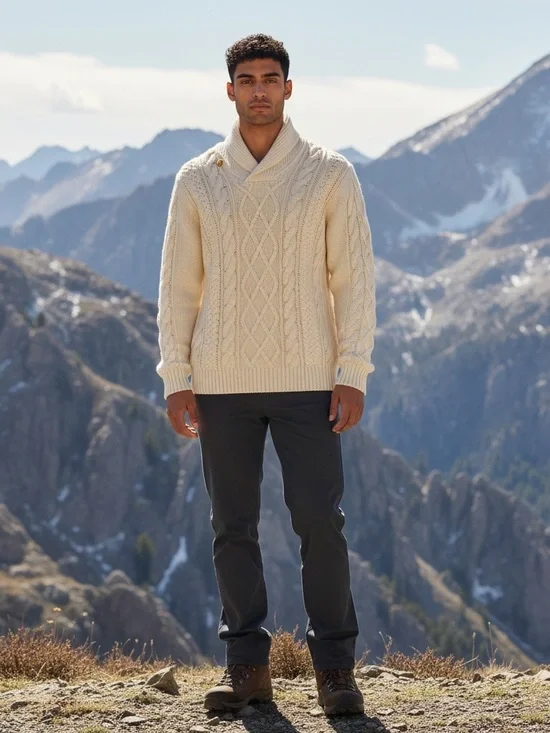 J.Crew Mens M Ivory Fisherman Cable Knit Cotton Shawl Collar Pullover Sweater
