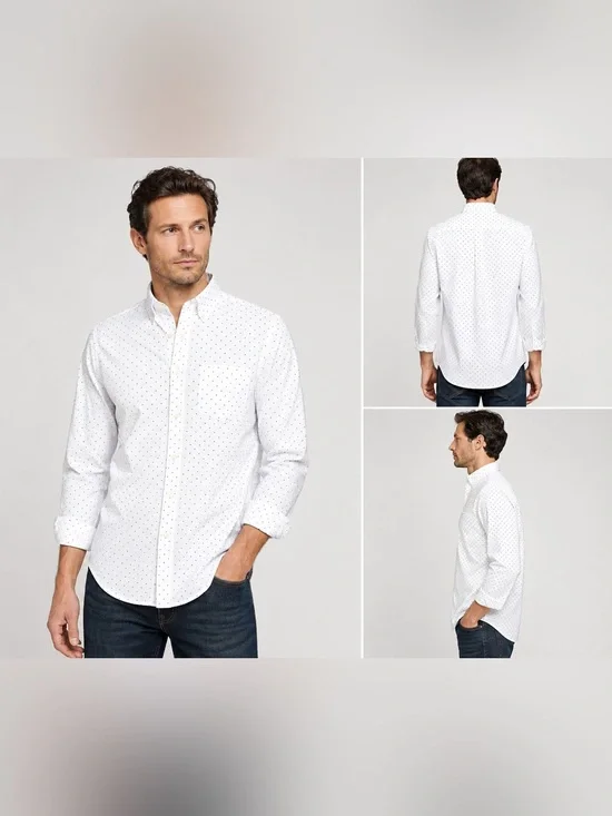 J.Crew Secret Wash Shirting Slim Untucked White Navy Dot Button Down Shirt L