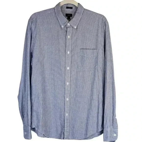 J. CREW Classic Cotton Poplin Dress Shirt in Micro Gingham check blue Large