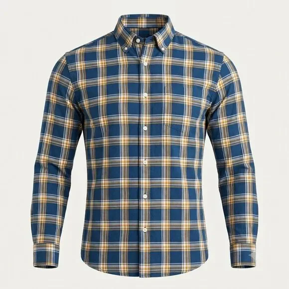 J.Crew Button Down Shirt Mens Large Slim Fit Flex Washed Plaid Blue Yellow Gold