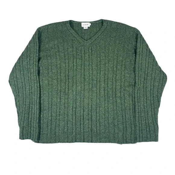 J. Crew V-Neck Sweater Mens Large Green Wool Ribbed Knit Long Sleeve Pullover