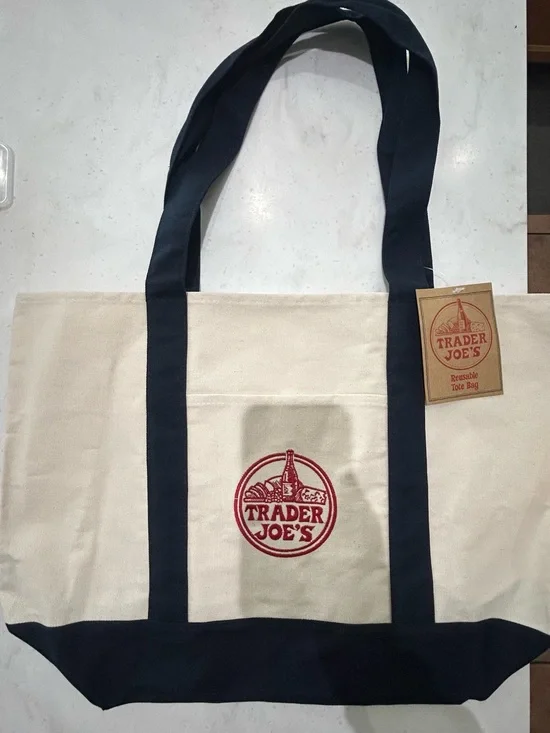 Large Trader Joe's Canvas Tote Bag in Cream with Navy Trim