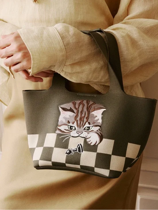 NEW Vivaia The Mini Tote Anita Army Green Checker Board Cat Crossbody Bag