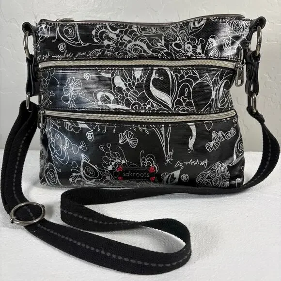 Sakroots Black Silver Peace Crossbody Organizer Bag Triple Zip Adjustable Strap